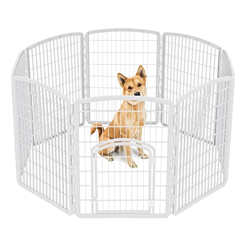 IRIS USA 34" Exercise 8-Panel Pet Playpen with Door, Dog Playpen, Puppy Playpen, Small Medium Large Dogs, Keep Pets Secure, Easy Assemble, Rust-Free, Heavy-Duty Molded Plastic, Customizable, White