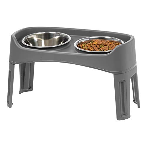 IRIS USA Large Elevated Pet Feeder with Attachable Legs and 2 Stainless Steel Bowls, For Small to Large Dogs Cats with 2 Quart Bowls and 12"H Legs Raised Pet Feeding Station, Dark Gray