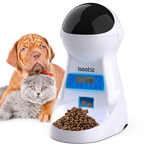 Iseebiz Automatic Pet Feeder, Cat Dog Food Dispenser 3 Liter Hopper with Voice Recorder, Timer Programmable, Portion Control, Food Dispense Remind, IR Detect, 4 Meals a Day for Medium Small Cats Dogs