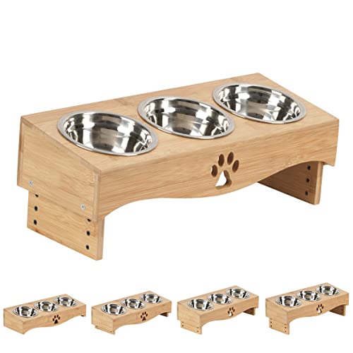 JAZUIHA Elevated Cat Food Bowls,Raised Tilted Cat Bowl Stand Set of 3, cat Feeding Station with Wooden Stand for Multiple Cats and Small Dog (Bamboo Wood Color)