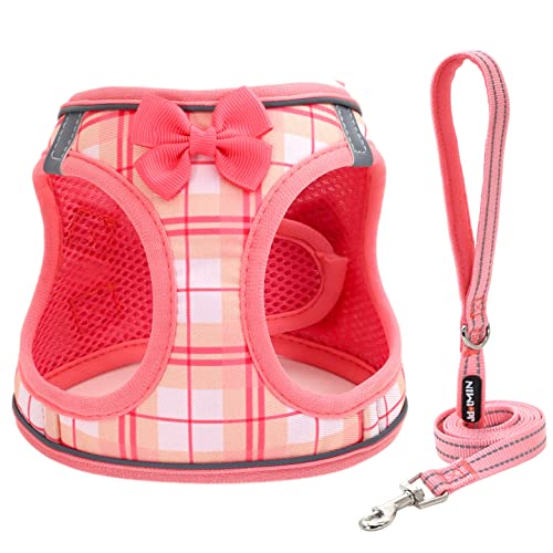 JdotMIN Plaid Dog Harness and Leash Set, Extra Small to Small Dog and Cat Vest Harness No Pull, Escape Proof, for Walking Puppy and Kitten, for Travel and Car (Pink, M)