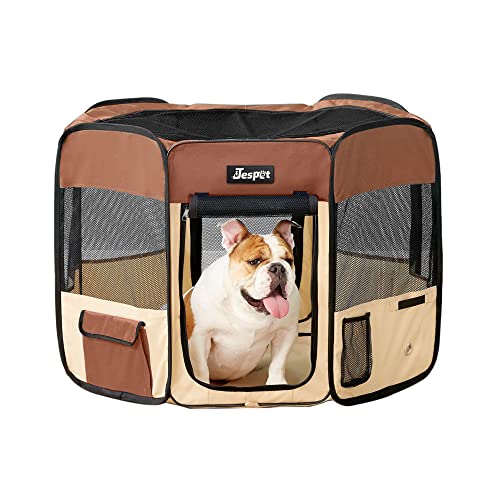 JESPET 45" Pet Dog Playpens, Portable Soft Dog Exercise Pen Kennel with Carry Bag for Puppy Cats Kittens Rabbits, Brown