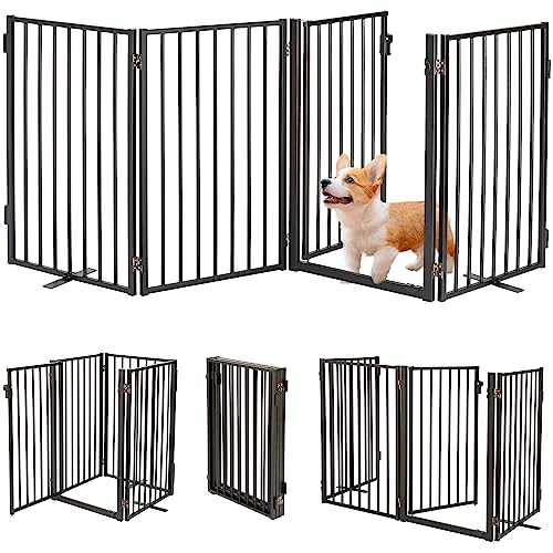 Jeyew Metal Dog Gate with Door for The House Extra Wide, Metal Pet Fences Indoor & Outdoor for Puppy Cat, Freestanding Foldable Dog Gates for Doorways Stairs Front Doors(4 Panels with Door 32" H)