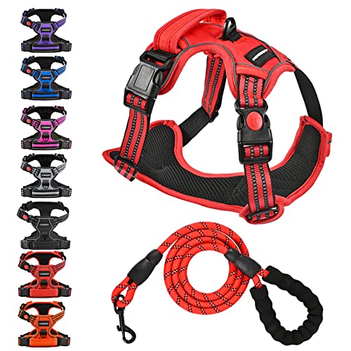 Juqiboom No Pull Dog Harness with A Free Heavy Duty 5ft Dog Leash, Adjustable Soft Padded Dog Vest, Reflective No-Choke Pet Oxford Vest with Easy Control Handle for Small and Large Dogs(Red, X-Large)