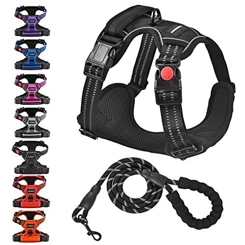 Juqiboom No Pull Dog Harness with A Free Heavy Duty 5ft Dog Leash, Adjustable Soft Padded Dog Vest, Reflective No-Choke Pet Oxford Vest with Easy Control Handle for Dogs (Black, Medium)