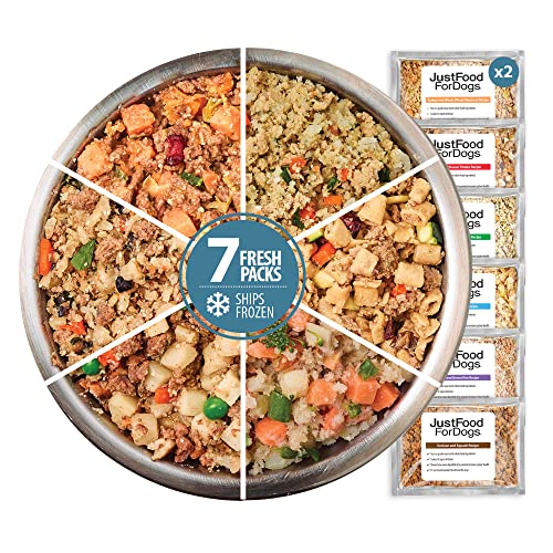 JustFoodForDogs Frozen Fresh Dog Food Sampler Variety Box, Complete Meal or Dog Food Topper, 18 oz (Pack of 7)