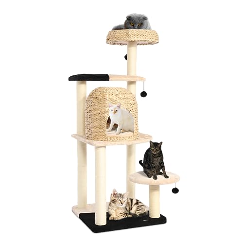 KAMABOKO 60" Modern Cat Tree, Cat Tree Tower for Indoor Cats w/Natural Sisal Scratching Posts, Hand-Woven Cattail Condo & Top Perch for Kittens Climb Play Rest