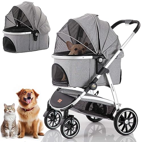 Kenyone Pet Stroller, 3 in 1 Multifunction Pet Travel System 4 Wheels Foldable Aluminum Alloy Frame Carriage for Small Medium Dogs & Cats (Gray)