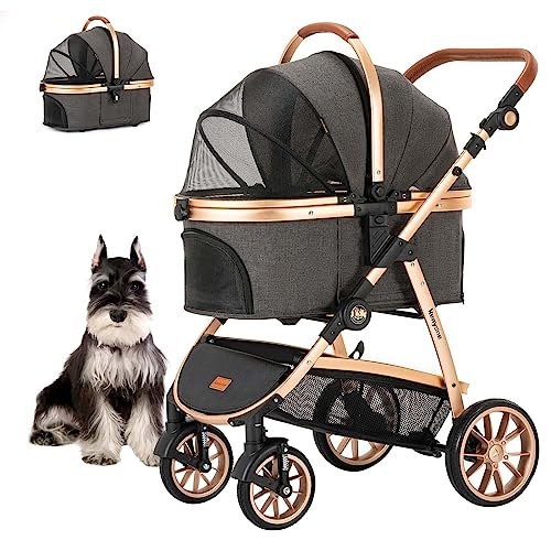 Kenyone Pet Stroller, 3 in 1 Multifunction Pet Travel System 4 Wheels Foldable Aluminum Alloy Frame Carriage for Small Medium Dogs & Cats (C5L Black)