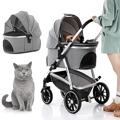 Kenyone Pet Stroller, 3 in 1 Multifunction Pet Travel System 4 Wheels Foldable Aluminum Alloy Frame Carriage for Small Medium Dogs & Cats (Gray)