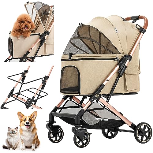 Kenyone Pet Stroller for Small to Medium Dogs Durable Cat Stroller with Lightweight Aluminum Frame, One-Click Folding, No Zip Entry, Rubber Wheels, Multiple Pockets(Khaki)