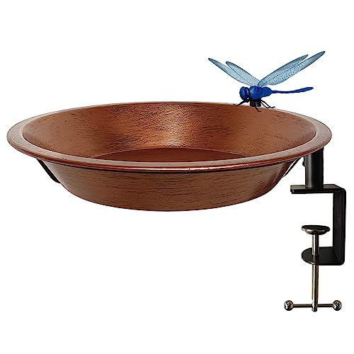 Keygift Deck Mounted Bird Bath for Outdoors, 11.5 Inches Metal Birdbath Bowl with Adjustable Steel Clamp, Antique Copper Deck Bird Feeder for Railing Balcony Fence Yard Art Garden Decor