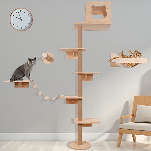 KKHAN Cat Tree with Hammock, Wood Cat Wall Furniture, 4-Tier Cat Activity Climbing Tower, 5 Cat Shelves, 5 Cat Scratching Post, 1 Cat Houses, 1 Cat Hammock, 1 Cat Ladders