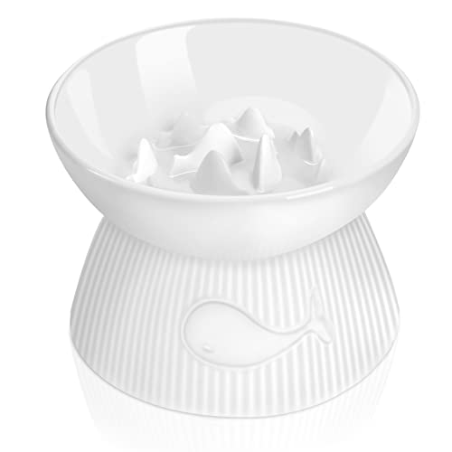 Kopmath Raised Cat Slow Feeder, Ceramic Slow Feeder Cat Bowl, Upgraded Ridges to Prevent Vomiting and Indigestion, No Spill High Edge for Dry/Wet Food, Heavy and Stable, Easy to Clean Pet Bowls