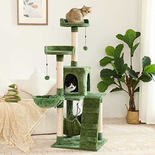 KZLAA 54in Cat Tree Cat Tower Condo Furniture Scratch Post with Natural Sisal Rope, Hammock & Cradle for Cats Kittens, Tall Cat Climbing Stand with Plush Perch & Toys (Green(N))