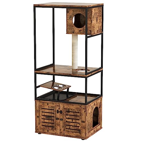 Lamerge Large Cat Litter Box Enclosure, Cat Tree Tower, Cat House Condo, Wooden Cat Cabinet with Doors and Cat Feeding Bowl, Rustic Brown