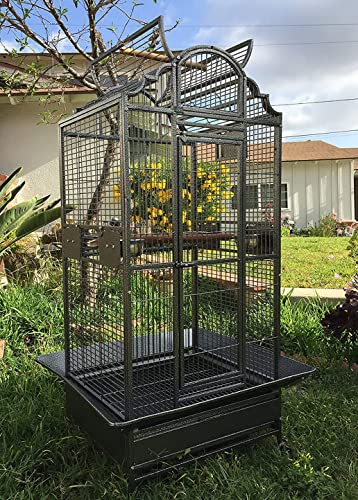 Large Elegance and Durable Wrought Iron Open Play Top Stand Bird Parrot Rolling Cage, Include Metal Seed Guard Solid Metal Feeder Nest Door (30.5 x 29.5 x 63 H, Black Vein)