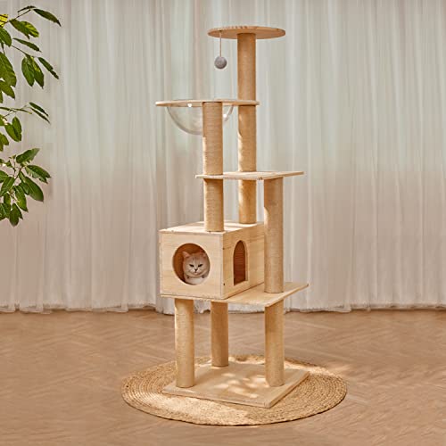 Lazyworm Modern Multi-Level Large Real Solid Wood Cat Tree, Luxury Wooden Cat Tower Cat Condo with Multi-Layer Platform for Indoor Cats