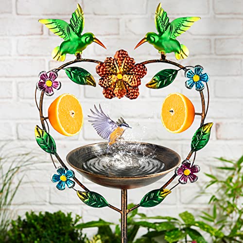 LEWIS&WAYNE Bird Bath Feeder Outdoor Stake, Fruit Wild Bird Feeder Metal Heart-Shaped Garden Art Stake with Orange Holder for Patio, Backyard, Yard (Hummingbird)