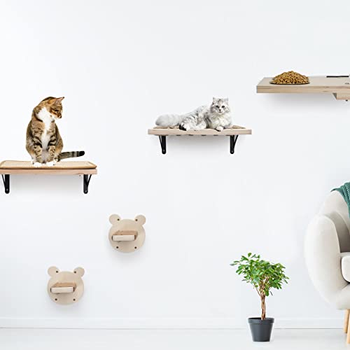 Litail Cat Wall Shelves, Floating Cat Wall Shelf with Feeder, Cat Shelves and Perches with Sisal Scratching Mat, Wall Mounted Cat Furniture for Climbing Sleeping Playing, Cat Steps Shelf Set…