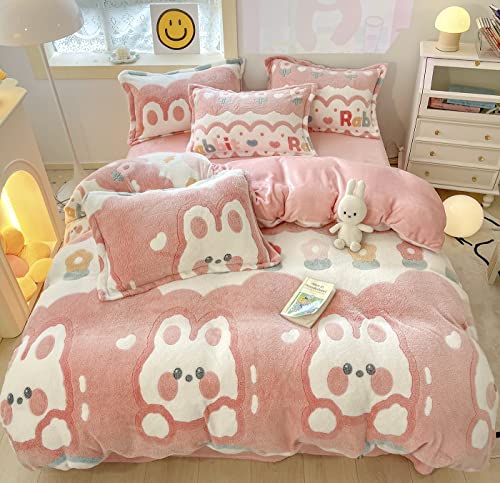 LMONMOO Pink Duvet Cover Twin Size, Fluffy Comforter Cover Set, Kawaii Bunny Bedding Sets for Girl Ultra Soft Cute Floral Bed Set for Kids(Pink Bunny, Twin)