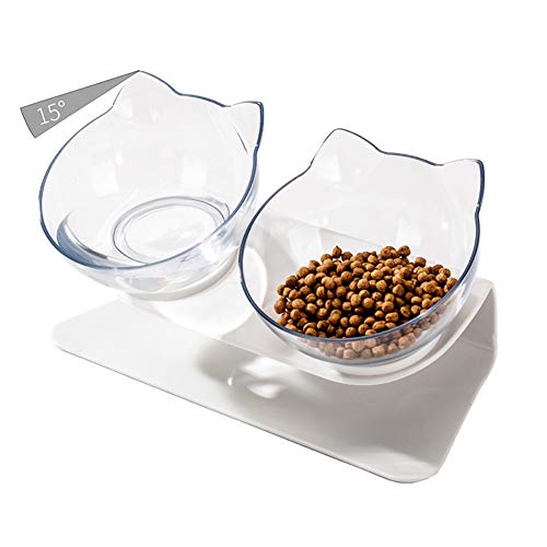 Luck Dawn Double Elevated Cat Bowls with Raised Stand, 15 Tilted cat Bowl Design Neck Guard Stand Raised Pet Food Water Feeder Bowl for Cats or Small Dogs