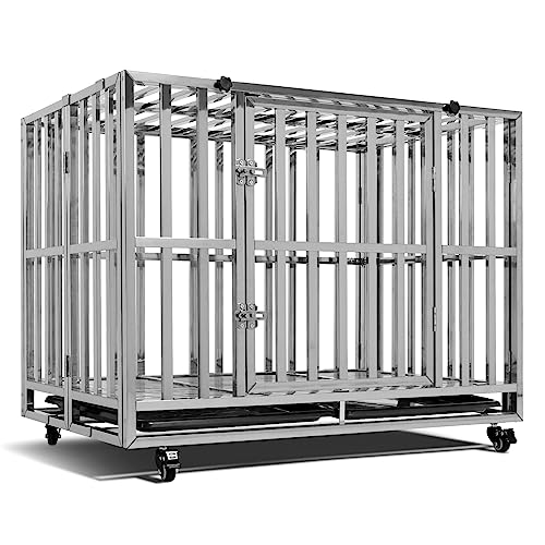 LUCKUP Stainless Steel Dog Crate Heavy Duty Dog Kennel - 40 Inch Foldable Metal Dog Cage for Large & Medium Dogs Indoor/Outdoor Use with Wheels & Tray