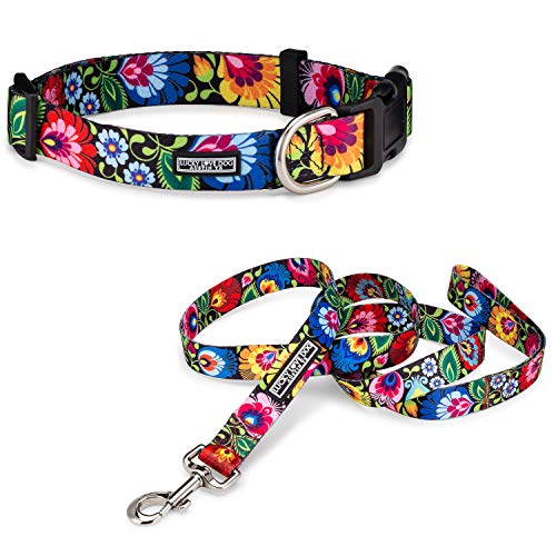 Lucky Love Dog Collars, Vivid Floral Girl or Boy Dog Collar & Leash Set for Small Dogs, Blackbird Combo, Small