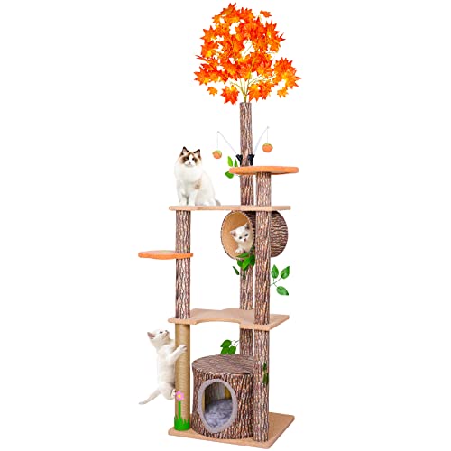 Lucky Monet 61" Cat Tree for Indoor Cats, Creative Tree-Like Cat Tower with Leaves, Unique Cat Climbing Frame with Scratching Post, Condo, Flower Platform