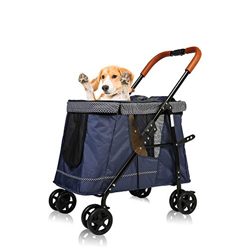 LUCKYERMORE Dog Stroller for Large Dog or Multiple Dogs Cats One Click Folding Dual Entry No Need to Lift Pet Blue