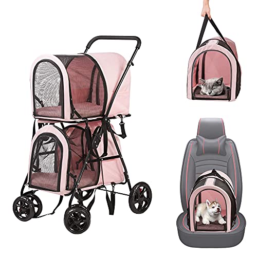 LUCKYERMORE Double Pet Stroller for Dogs Cats, 4 Wheels Foldable Dog Stroller Cat Stroller, 2 Detachable Carrier Bags, Travel Carrier for Small Medium Cats Dogs, Pink