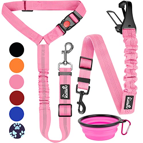 Lukovee Dog Seatbelt Leash for Cars, 2 Pack Pet Safety Car Seat Belt with Adjustable Buckle & Reflective Bungee, Connect Dog Harness in Vehicle Car Dogs Restraint Travel Daily Use (Pink)