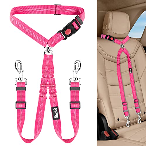 Lukovee Double Dog Seat Belt, New Dual Pet Car Headrest Restraint Safety Seatbelt No Tangle Dog Leash Duty Adjust Elastic Bungee Puppy Lead Splitter Connect Harness in Vehicle Travel for 2 Dogs (FL)