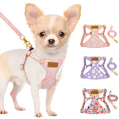 Lukovee Puppy Harness and Leash Set, No Pull Adjustable Lightweight Soft Suede Pet Harness Vest with Snap Buckle for Puppy Small and Medium Size Dog (Pink-XXS)