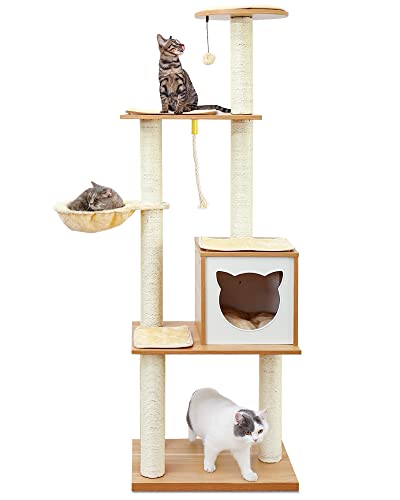 Made4Pets Cat Tree Cat Tower for Indoor Cats 65.6 Inches Modern Wood Cat Condo with Scratching Post for Large Cats Climbing, Multi-Level Tall Cat Tower Tree House with Hammock for Kitten Play and Rest