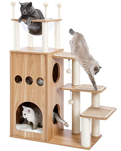 Made4Pets Modern Cat Tree for Large Cat, Wood Cat Tower Heavy Duty with Scratch Post for Indoor Big Cats, 51" Extra Tall Cat Condo Sturdy Frisco Castle with Clear Bowl for Kittens Maine Coon 20Lbs