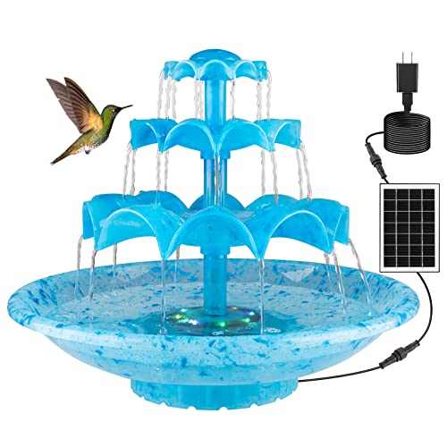 Mademax 3 Tier DIY Solar Fountain with 24-Hours Working and Lights, Upgrade 3.5W Solar and Electric Pump, Solar Powered Bird Bath Fountain Water Feature for Bird Bath, Garden, Balcony, Outdoor