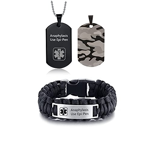 Medical Alert ID Necklaces and Bracelets Set for Men Anaphylaxis Use Epi-Pen Stainless Steel Medic Identification Pendant Necklace Dog Tag & Paracord Rope Cuff Bracelet Allergy Awareness Jewelry