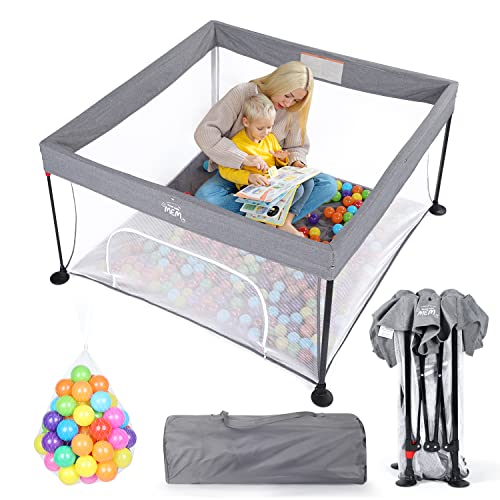 MEM Baby Playpen, Foldable Playpen for Babies and Toddlers, Indoor Outdoor Playpen Baby Activity Center with Zipper Gate, Pop Up Portable Playpen Play Yard for Baby, 49"x49", Grey