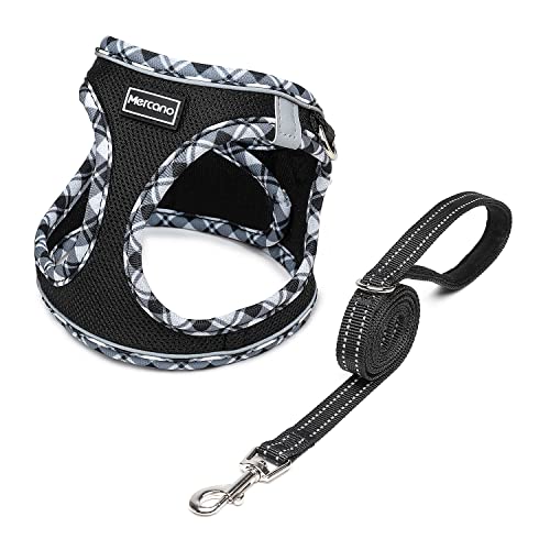 Mercano Soft Mesh Dog Harness and Leash Set, No-Chock Step-in Reflective Breathable Lightweight Easy Walk Escape Proof Vest Harnesses with Safety Buckle for Small Medium Dogs, Cats (Black White, S)