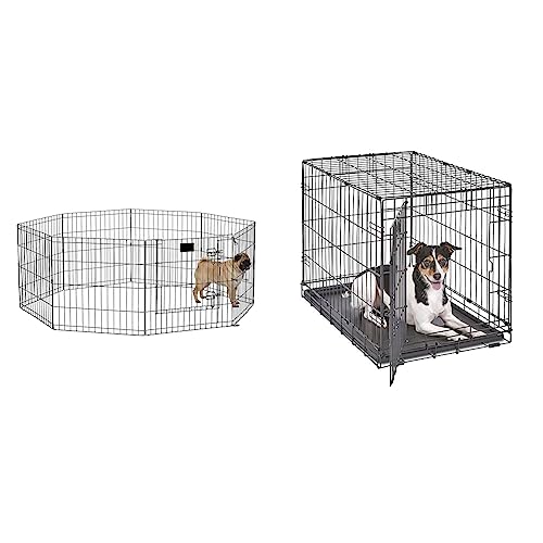 MidWest Homes for Pets Foldable Metal Dog Exercise Pen/Pet Playpen, Black w/Door & Double Door iCrate Dog Crate, Includes Leak-Proof Pan, Floor Protecting Feet & New Patented Features