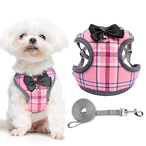 Mihachi Puppy Harness & Leash Set - No Pull Adjustable Dog Vest Harness with Plaid Pattern and Bow-tie for Small Dogs Cats