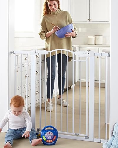 Mom's Choice Awards Winner-Cumbor Extra Tall Safety Dog and Baby Gate, 29.7-46" Wide, 36" Tall Pressure Mounted Auto Closed Pet Gate for Stairs,Doorway, Easy Walk Thru Child Gate for The House, White