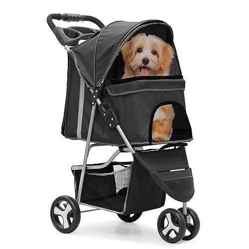 MoNiBloom Foldable Pet Stroller with Weather Cover, 3 Wheels Pet Strolling Cart for Small/Medium Dogs and Cats with Storage Basket and Cup Holder, Breathable and Visible Mesh for All-Season, Black