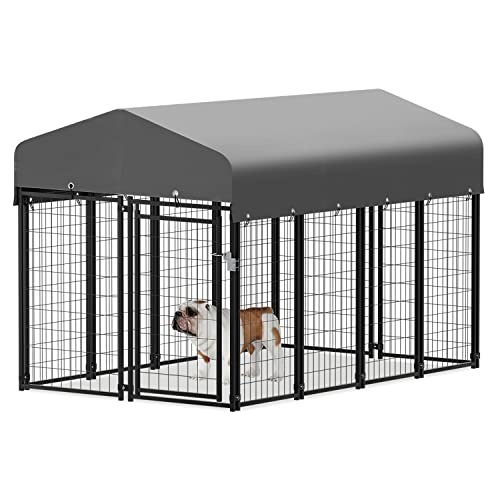 MoNiBloom Heavy Duty Outdoor Dog Run Enclosure for Small/Medium Dogs, All Weather Metal Dog Kennel with Roof and Rotating Feeding Doors, 4.6ft High Expandable Outdoor Dog Playpen Run, 14 Panels