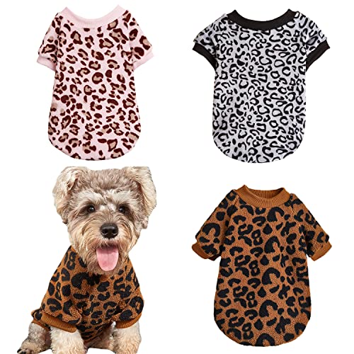 Moorfowl Dog Plush Sweater for Small Dogs, 3 Packs Sweater Pullover Warm Soft Puppy Kitten Fleece Sweatshirt Cold Weather Coat for Chihuahua Yorkie (X-Small(Back 7.9",Chest 11.8"), Leopard 3 Pack)