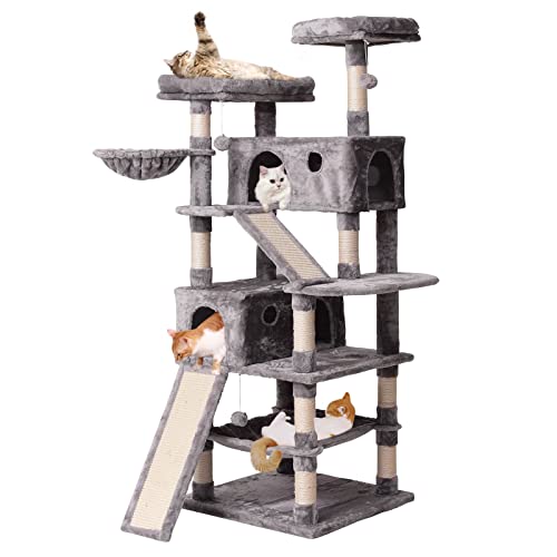 MQ Cat Tree Cat Tower 70.1 in, Multi Level Cat Scratching Post with Condos, Ladders, Basket, Hammock & Plush Perches for Kittens, Large Cats, Light Gray