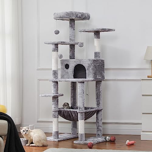 MSmask Cat Tree, 61 inch Tall Cat Tower for Indoor Cats, Multi-Level Cat Tree Condo Furniture with Large Hammock, Scratching Posts, Plush Perch, Cat Activity Center for Cats Kitten (Light Gray)