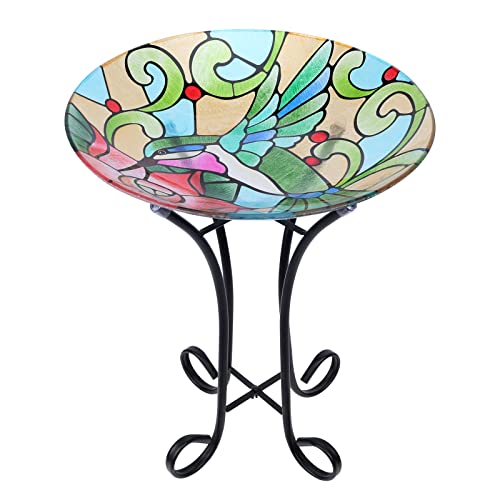 MUMTOP Bird Bath-Bird Baths for Outdoors - Hummingbird Large Bird Bath Bowl with Metal Stand, Glass BirdBaths for The Garden Lawn Yard Decor