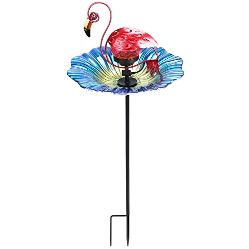 MUMTOP Glass Bird Baths for Outdoors, Solar Outdoor Birdbaths with Crackle Glass Globe Lights Flamingo Decorations for Garden Yard Outside, Blue